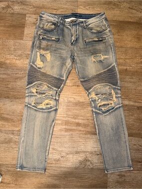Light Blue Distressed Skinny Biker Jeans for Men